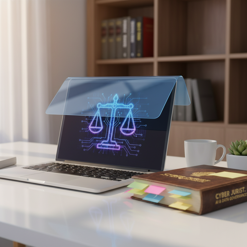 A close-up, photographic view of a minimalist white desk in an academic office, where a single open laptop displays a stylized, glowing scales-of-justice icon made from interconnected circuit lines. Next to it lies a thick, well-worn cyber law textbook with sticky notes protruding in many colors, and a slim, transparent privacy visor partially covering the screen. In the background, a blurred bookshelf holds monographs on AI ethics, digital rights, and technology governance. Soft afternoon light enters from an unseen window, creating a gentle gradient across the desk and subtle reflections on the laptop’s aluminum body. Shot from a low, intimate angle with shallow depth of field, the mood is contemplative and scholarly, highlighting careful research and nuanced thinking about AI governance and data protection.
