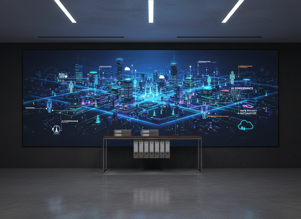 A large digital wall display in a graduate research center shows a complex, stylized map of a smart city at night, with data streams flowing between buildings, cloud icons, and abstract user silhouettes. At the base of the display rests a narrow console table holding printed policy reports, neatly stacked in neutral folders, and a small, simple scale-of-justice sculpture made of brushed steel. The room has dark charcoal walls and a polished concrete floor, lit primarily by the glow of the wall display and subtle recessed ceiling lights. Photographed straight-on with symmetrical composition and crisp sharpness, the mood is serious and forward-looking, illustrating the governance challenges of AI, surveillance, and digital rights in contemporary urban environments through clean photographic realism.