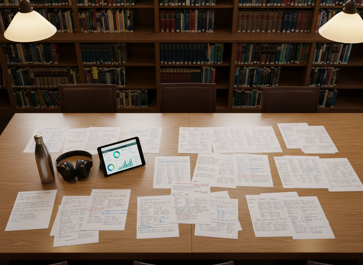In a quiet university reading room, a long oak table is scattered with printed pages of a mock AI ethics framework, annotated in multiple ink colors, alongside a portable tablet showing a dashboard of algorithmic bias metrics and fairness indicators. A pair of noise-cancelling headphones rests beside a slim, stainless-steel water bottle, reinforcing an atmosphere of focused study. Tall bookshelves in the background are filled with legal journals and volumes on information technology law. Warm, diffused pendant lighting hangs overhead, casting a soft golden glow and gentle shadows across the papers. Captured from an overhead, bird’s-eye view, the composition emphasizes order, detail, and the meticulous synthesis of legal theory, ethics, and quantitative analysis, in a clean, realistic, and distinctly academic style.